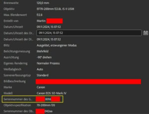 Screenshot der EXIF-Daten eines Fotos, aufgenommen mit Canon EOS 5D Mark IV und 70-200mm Objektiv